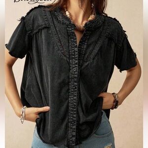 Black/Grey Denim Women's Top 2XL